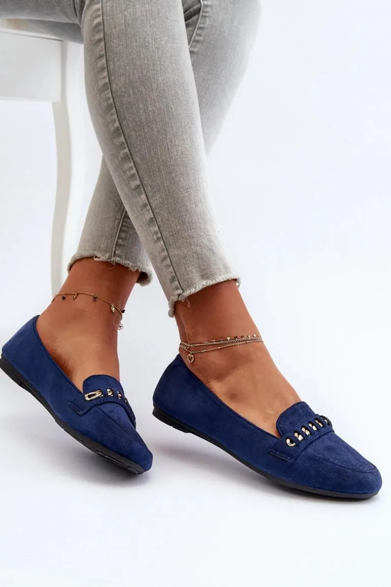 Błyszczące Mokasyny Damskie Z Łańcuchem Granatowe Aredilla