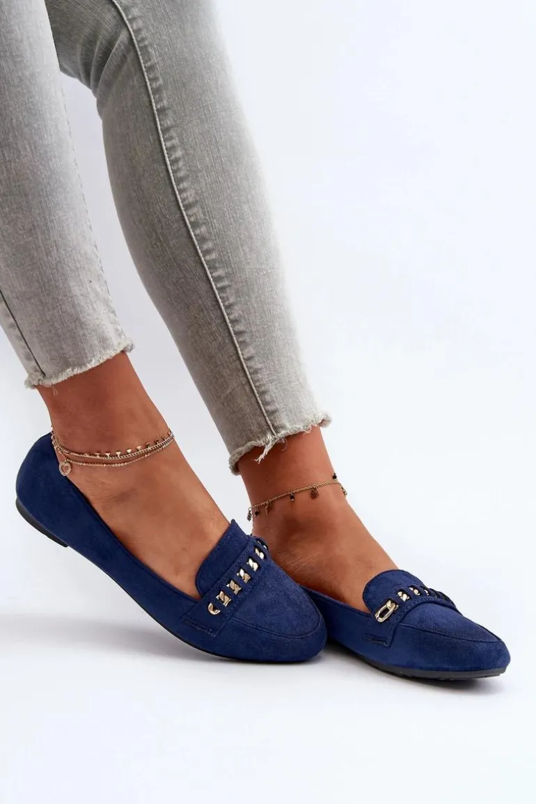 Błyszczące Mokasyny Damskie Z Łańcuchem Granatowe Aredilla