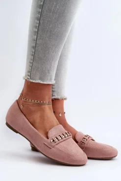 Błyszczące Mokasyny Damskie Z Łańcuchem Różowe Aredilla