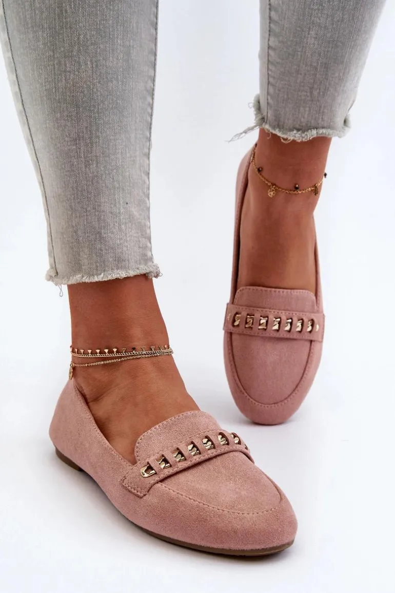 Błyszczące Mokasyny Damskie Z Łańcuchem Różowe Aredilla