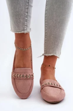 Błyszczące Mokasyny Damskie Z Łańcuchem Różowe Aredilla