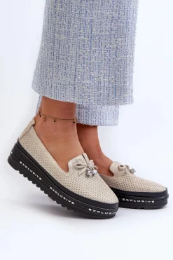 Błyszczące Mokasyny Damskie Skórzane Na Platformie S.Barski LR400 Złote