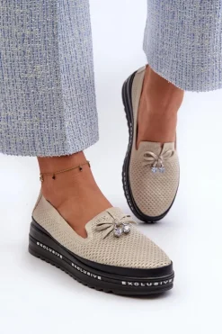 Błyszczące Mokasyny Damskie Skórzane Na Platformie S.Barski LR400 Złote