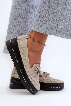 Błyszczące Mokasyny Damskie Skórzane Na Platformie S.Barski LR400 Złote