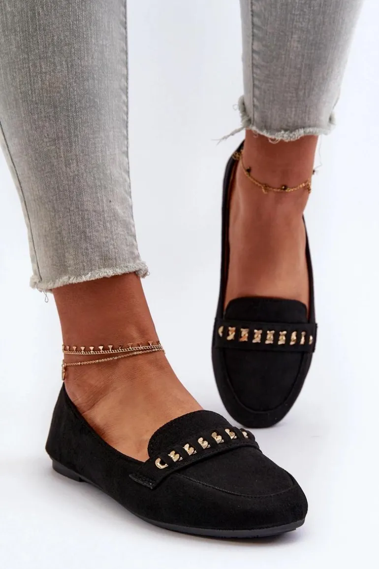 Błyszczące Mokasyny Damskie Z Łańcuchem Czarne Aredilla