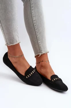 Błyszczące Mokasyny Damskie Z Łańcuchem Czarne Aredilla
