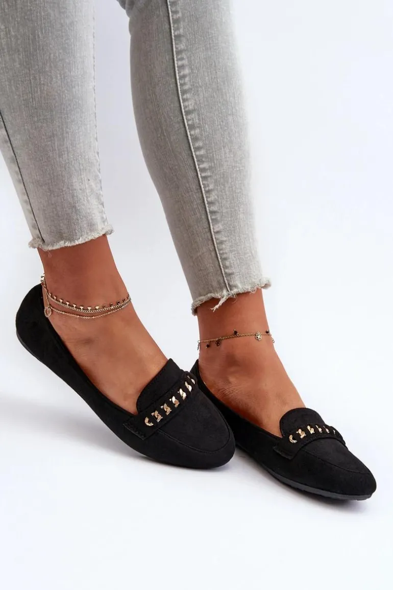 Błyszczące Mokasyny Damskie Z Łańcuchem Czarne Aredilla