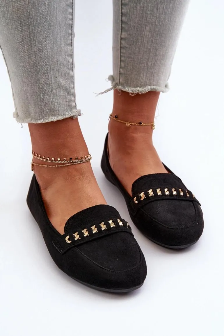 Błyszczące Mokasyny Damskie Z Łańcuchem Czarne Aredilla