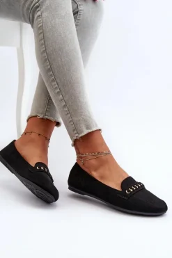 Błyszczące Mokasyny Damskie Z Łańcuchem Czarne Aredilla