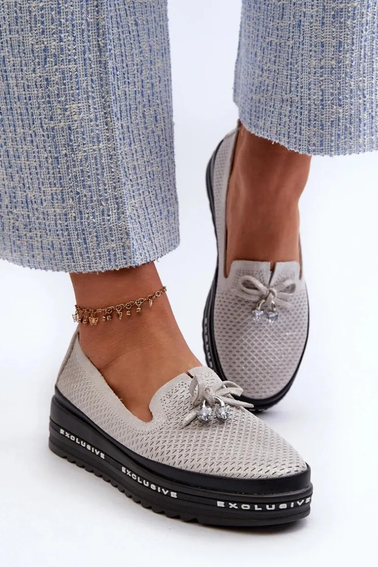 Błyszczące Mokasyny Damskie Skórzane Na Platformie S.Barski LR400 Srebrne