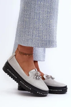 Błyszczące Mokasyny Damskie Skórzane Na Platformie S.Barski LR400 Srebrne