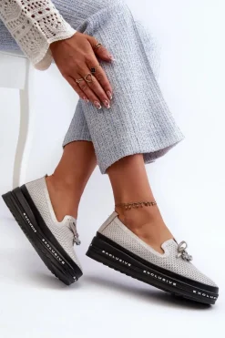 Błyszczące Mokasyny Damskie Skórzane Na Platformie S.Barski LR400 Srebrne