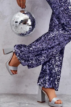 Błyszczące Sandałki Na Masywnym Obcasie Srebrne Calmi