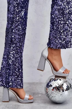 Błyszczące Sandałki Na Masywnym Obcasie Srebrne Calmi