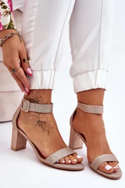 Błyszczące Sandałki Na Obcasie Różowe Złoto Maxim