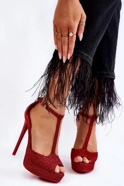 Błyszczące Sandałki Na Wysokim Obcasie Czerwone Marisha