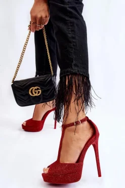 Błyszczące Sandałki Na Wysokim Obcasie Czerwone Marisha