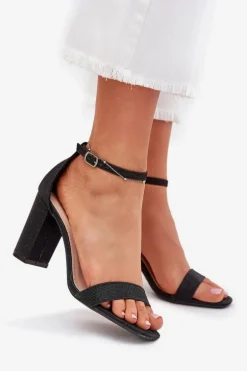 Błyszczące Sandały Damskie Na Słupku Czarne Kavina