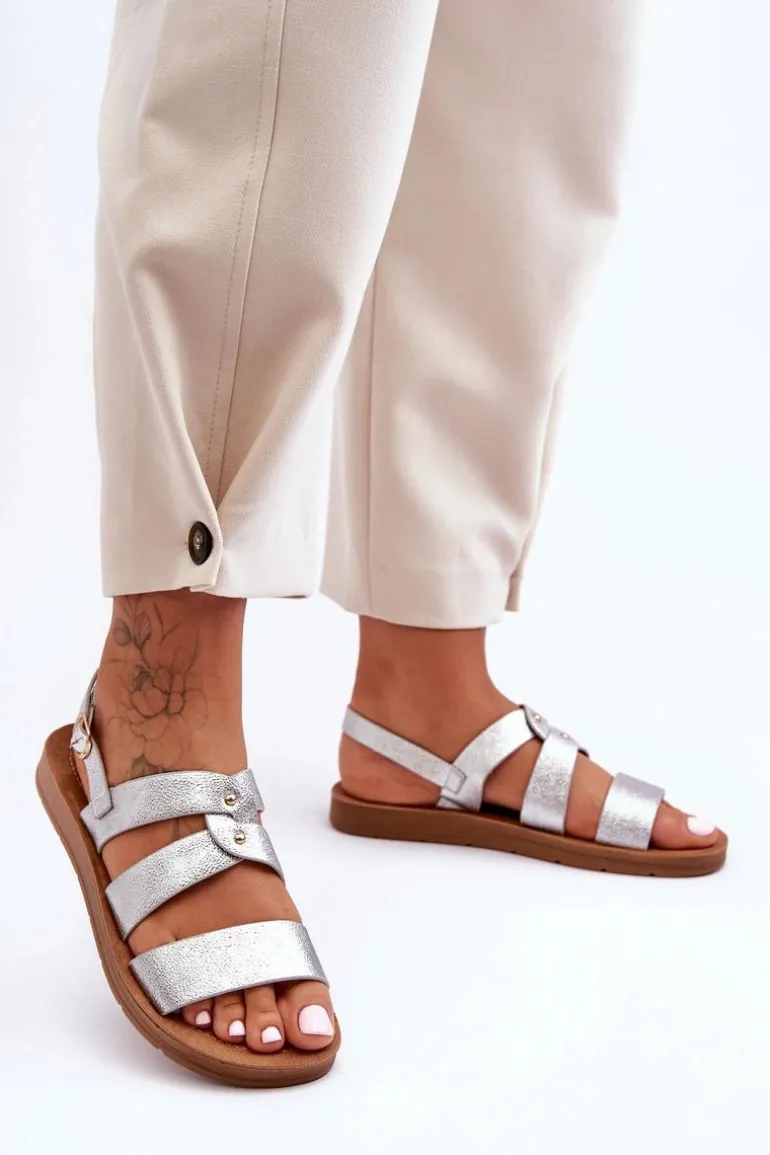 Błyszczące Sandały Damskie Srebrne Catalia