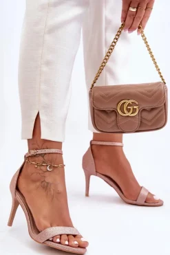 Błyszczące Sandały Na Szpilce Różowe Złoto Gedna