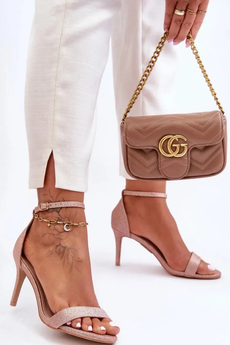 Błyszczące Sandały Na Szpilce Różowe Złoto Gedna