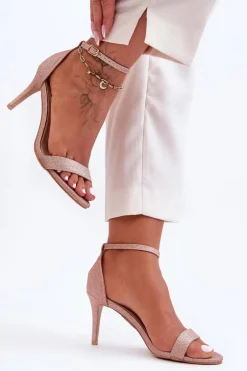 Błyszczące Sandały Na Szpilce Różowe Złoto Gedna