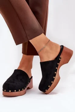 Chodaki Klapki Damskie Z Ćwiekami Eko Zamszowe Czarne Ellason