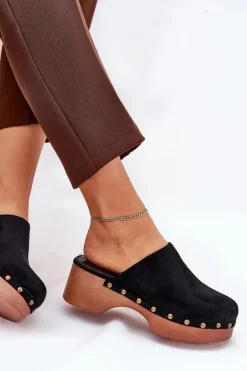 Chodaki Klapki Damskie Z Ćwiekami Eko Zamszowe Czarne Ellason