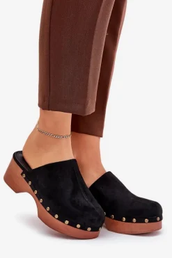 Chodaki Klapki Damskie Z Ćwiekami Eko Zamszowe Czarne Ellason