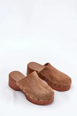 Chodaki Klapki Damskie Z Ćwiekami Eko Zamszowe Camel Ellason