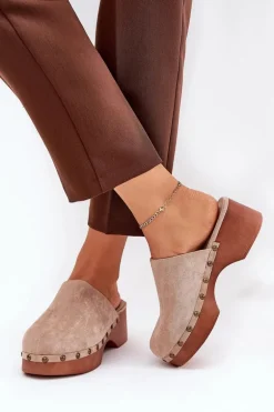 Chodaki Klapki Damskie Z Ćwiekami Eko Zamszowe Beżowe Ellason