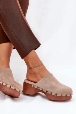 Chodaki Klapki Damskie Z Ćwiekami Eko Zamszowe Beżowe Ellason