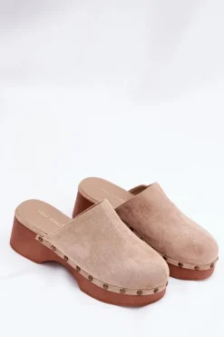 Chodaki Klapki Damskie Z Ćwiekami Eko Zamszowe Beżowe Ellason