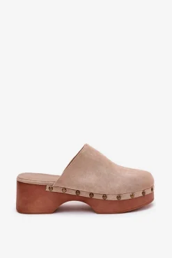 Chodaki Klapki Damskie Z Ćwiekami Eko Zamszowe Beżowe Ellason