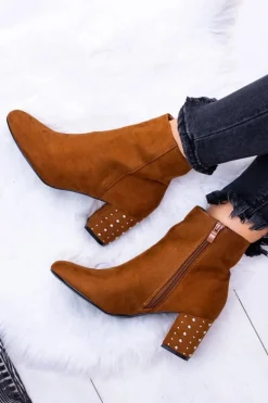 Ciepłe Damskie Botki Na Słupku Brązowe Jokasta