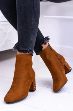 Ciepłe Damskie Botki Na Słupku Brązowe Jokasta