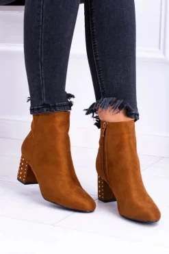 Ciepłe Damskie Botki Na Słupku Brązowe Jokasta