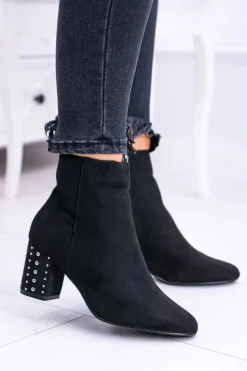 Ciepłe Damskie Botki Na Słupku Czarne Jokasta