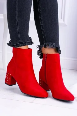 Ciepłe Damskie Botki Na Słupku Czerwone Jokasta