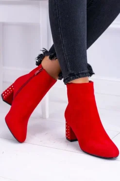 Ciepłe Damskie Botki Na Słupku Czerwone Jokasta