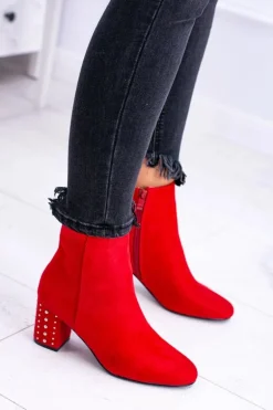 Ciepłe Damskie Botki Na Słupku Czerwone Jokasta