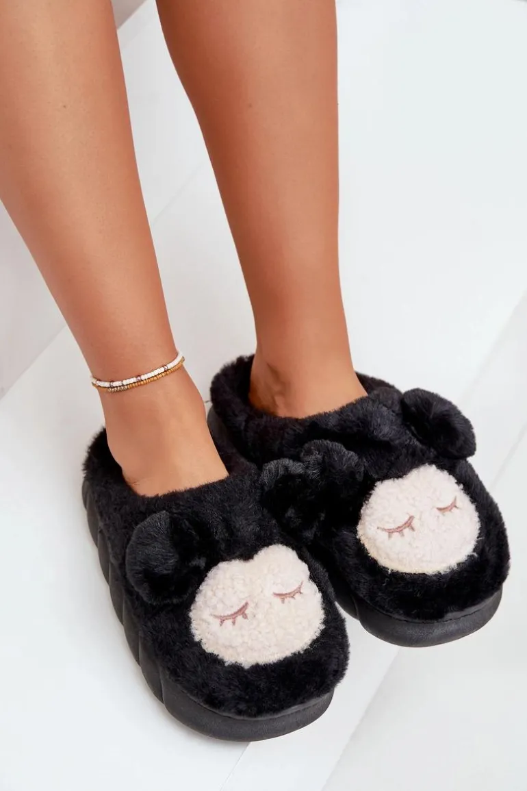 Ciepłe Futrzane Kapcie Damskie Czarne Jozelinetta