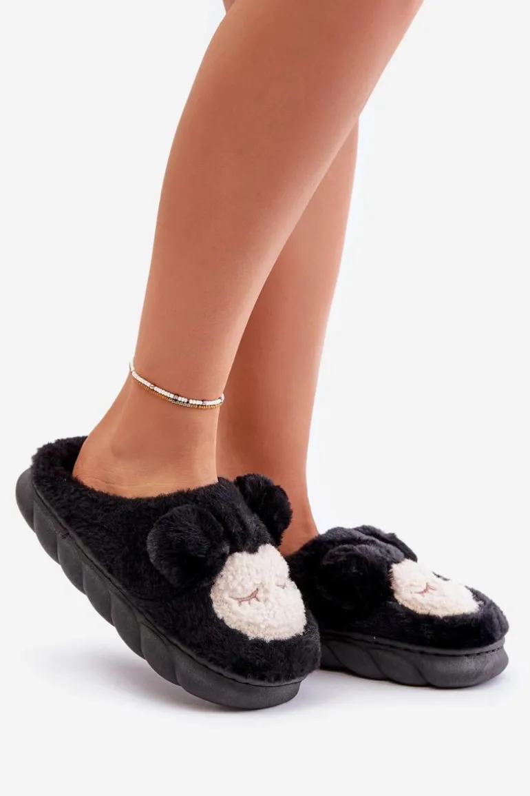 Ciepłe Futrzane Kapcie Damskie Czarne Jozelinetta