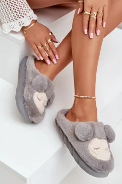 Ciepłe Futrzane Kapcie Damskie Szare Jozelinetta