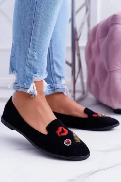 Czarne Damskie Baleriny Naszywki Lipstick