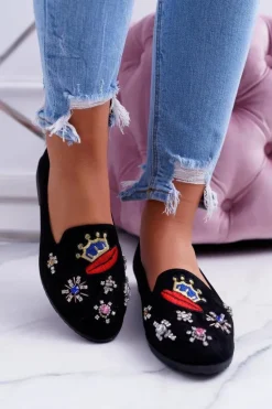 Czarne Damskie Baleriny Naszywki Princess