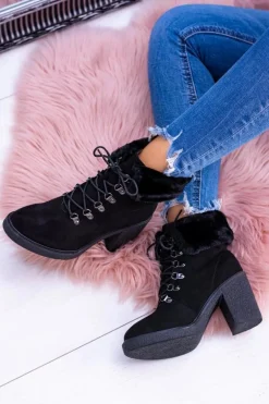 Czarne Damskie Botki Z Futerkiem Na Słupku Influence