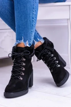 Czarne Damskie Botki Z Futerkiem Na Słupku Influence