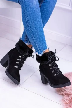 Czarne Damskie Botki Z Futerkiem Na Słupku Influence