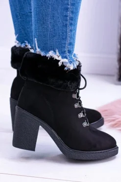 Czarne Damskie Botki Z Futerkiem Na Słupku Influence